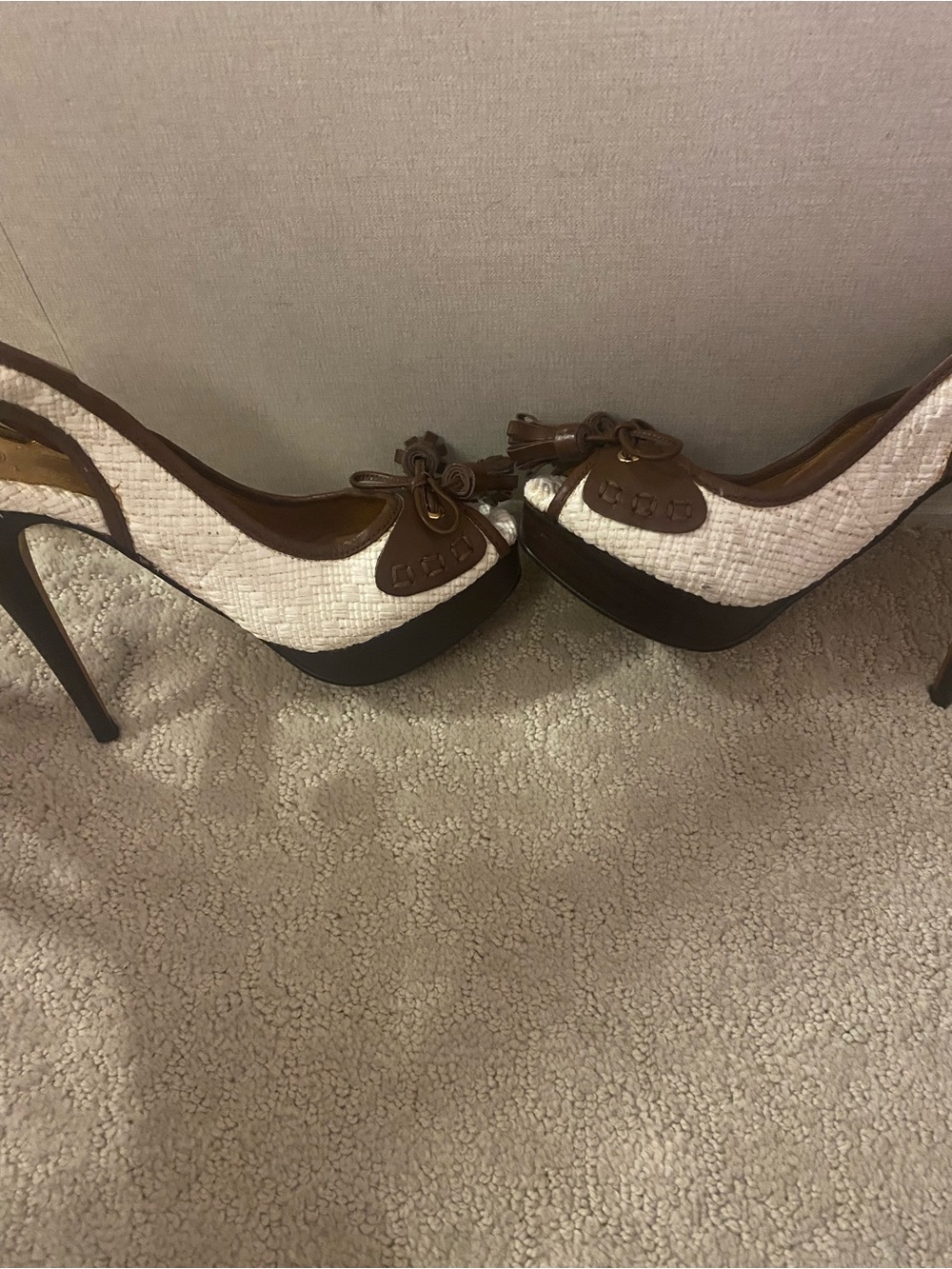 Zara White Woven and Brown Trim High Heel Pumps